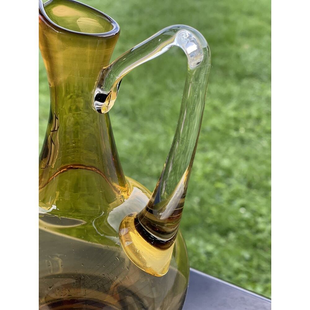 Vintage Clear Handle Amber Glass Pitcher Art Hand Blown 12” Decanter Decorative - Picture 3 of 8
